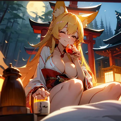 fox ears、A fox tail is growing、Women with large breasts、Japanese style shrine maiden、Japanese style shrine room、blonde、Smiling、long hair、night、drinking alcohol from a sake cup、