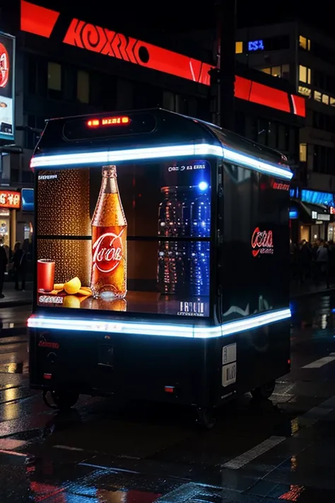 street trailer with LED screen on each side, forming a single image.
The image with a coca advertisement