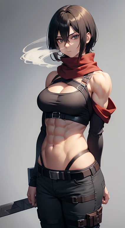 aot style, shingeki no kyojin,

mikasa ackerman,cleavage，bodybuilder physique, bodybuilder veins, Off-the-shoulder attire，Cut shirt

1girl, ripped abs, abdominal veins, muscular legs, veins everywhere, arm strap, bangs, black hair, black pants, veins every...