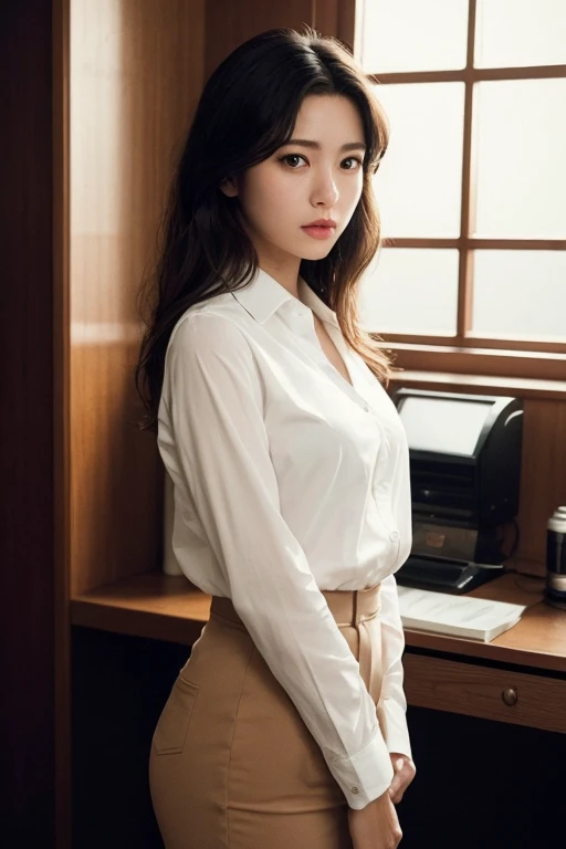 ((highest quality)), ((masterpiece)), (cinematic aesthetic:1.4) beautiful japanese woman,High resolution,white shirt,office,refinement