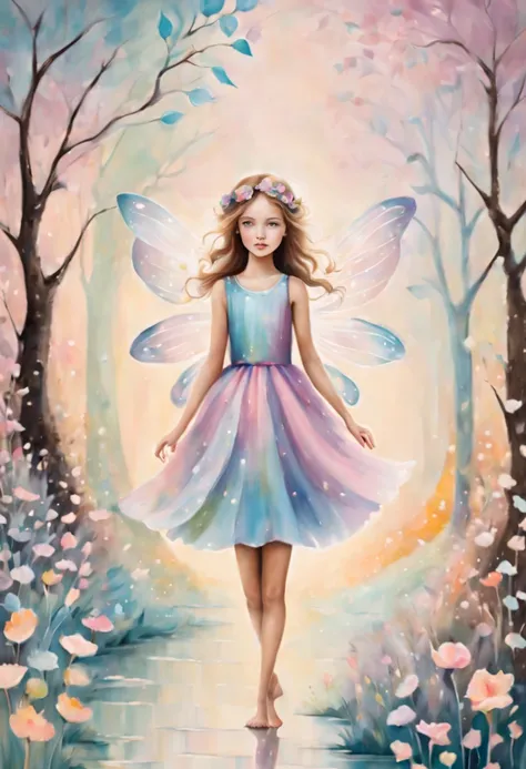 1girl, Whimsical Fairy Wonderland, Abstract art highlighting the subtle and harmonious blending of pastel shades, masterpiece, best quality, rating: general