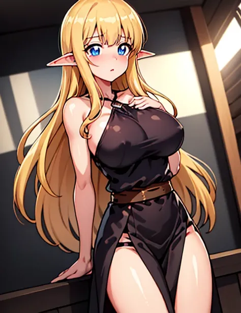 {{masterpiece}},{{best quality}},{{high resolution}},{{caustics}},{{detailed}},  ,tifania,The Familiar of Zero,blue eyes,elf, long hair, large breasts,pointy ears, blonde hair,sideboob,17_year_old_girl,