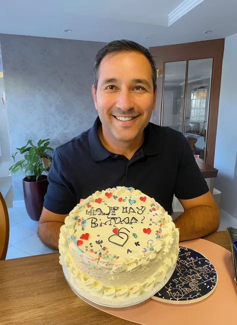 smiling man holding a cake with a heart on it, holding a birthday cake, he is! about 3 0 years old, he is about 40 years old, he...