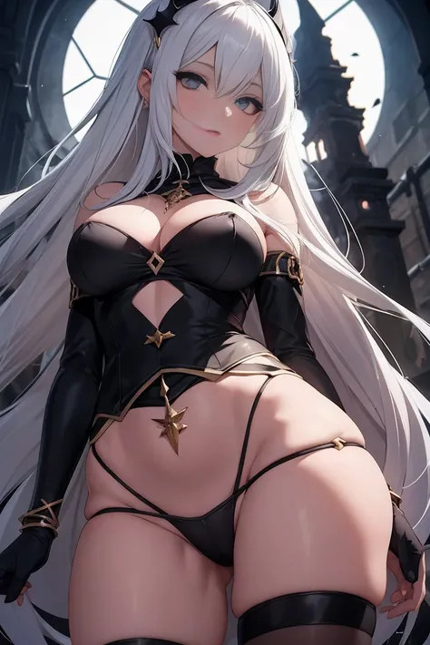 Garota, anime, seios, Cabelo preto, Vestido preto longo, olhos vermelhos, dama vampira, corpo todo, 4k, olhos detalhados, gargantilha, luvas longas sem dedos, rosto detalhado, chifre preto, fundo noturno, pantyhose, pequenas asas de morcego, white and pale...