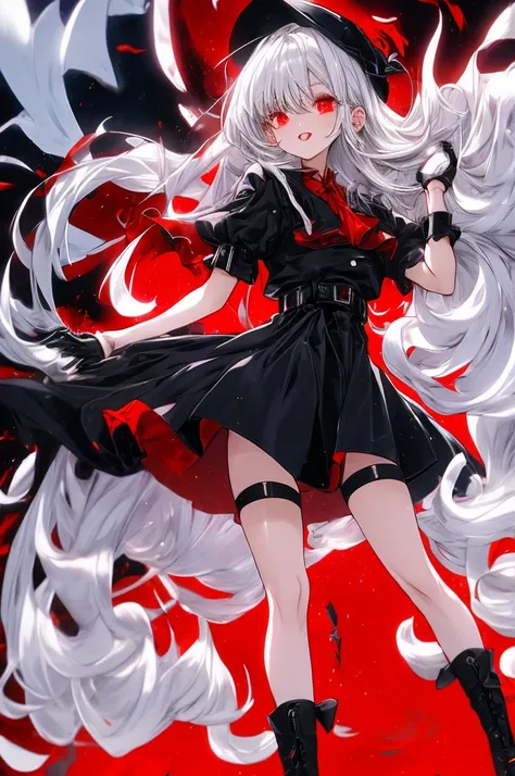 red eyes, sliver hair, black stocking, long gloves, short pants, dress, high heels