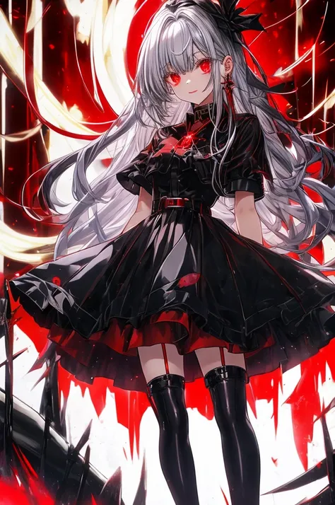 red eyes, sliver hair, black stocking, long gloves, short pants, dress, high heels