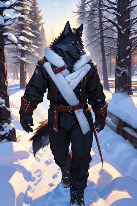 a black wolf playing snow, winter clothes, by Chunie, photorealistic