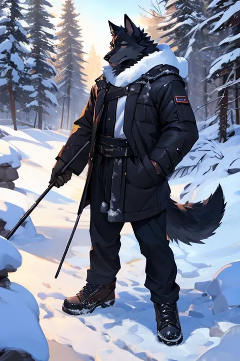 a black wolf playing snow, winter clothes, by Chunie, photorealistic