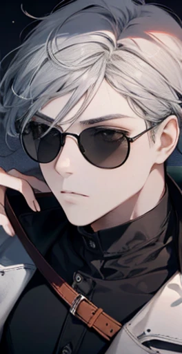 1 youth,gray hair,black clothes,Round Sunglasses