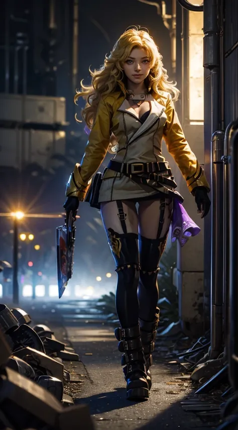 masterpiece,best quality,CG,wallpaper,HDR,high quality,high-definition,extremely detailed,(1girl), Yang Xiao Long, red eyes, absurdly long hair, large breasts, (yanghntr), jacket, thighhighs, garter straps, ahoge, belt, boots, black skirt, night, smile, ga...