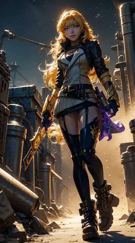 masterpiece,best quality,CG,wallpaper,HDR,high quality,high-definition,extremely detailed,(1girl), Yang Xiao Long, red eyes, absurdly long hair, large breasts, (yanghntr), jacket, thighhighs, garter straps, ahoge, belt, boots, black skirt, night, smile, ga...