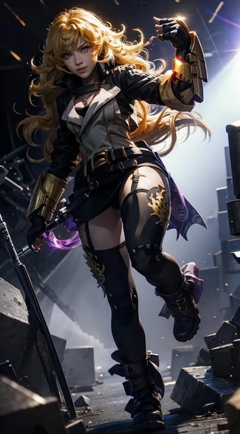 masterpiece,best quality,CG,wallpaper,HDR,high quality,high-definition,extremely detailed,(1girl), Yang Xiao Long, red eyes, absurdly long hair, large breasts, (yanghntr), jacket, thighhighs, garter straps, ahoge, belt, boots, black skirt, night, smile, ga...