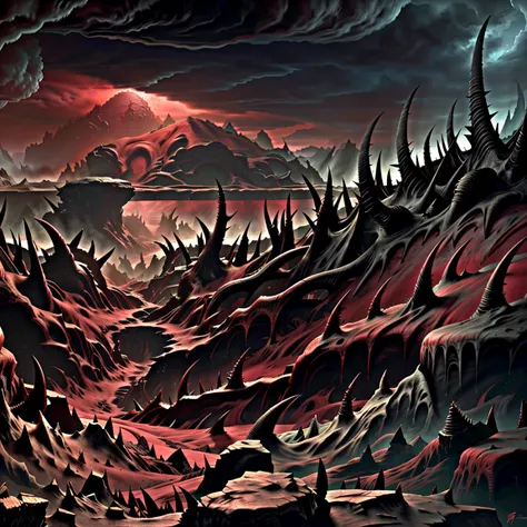 panoramic view of 7 hell of dante. masterpiece illustration, conceptual art, 3d render, blood red sky, landscape of tombs and cr...