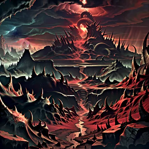 Panoramic view of 7 hell of Dante. Masterpiece illustration, conceptual art, 3d render, blood red sky, landscape of tombs and creepy sculptures, thorns, Spiked walls. Devil sculptures by giger, landscape of horror, digital painting, color drawing. Art by D...