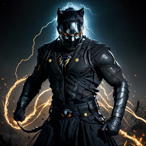 A captivating close-up portrait of the Black Panther in an astounding Kakashi suit, the regal feline figure donning the complex and intricate ninja attire. The suits rich, glossy black upper body armor is adorned with silver details, resembling lightning b...