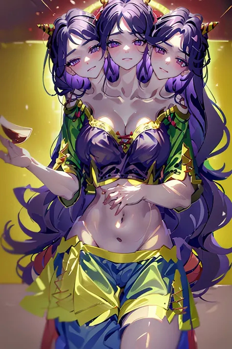 (masterpiece, best quality), best resolution, (ultra-detailed), (3heads:1.5), 1girl, (Nippaku Zanmu:1.3), masterpiece, best quality, green top, crop top, ((stomach)), midriff, ((groin)), blue skirt, normal ears, shackles, purple-black hair, very long hair,...