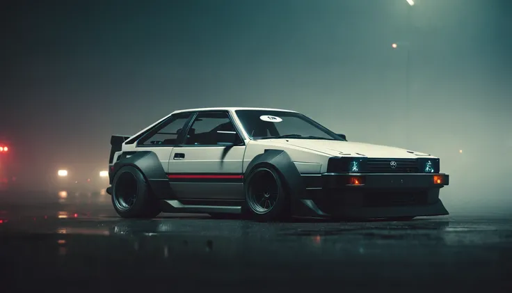 (intrincated details:1.2), (photorealistic), (masterpiece), (photography), cinematic lighting, cyberpunk city, fog, Toyota AE86	Coupe	1983-1987, ground vehicle, motor vehicle, no humans, scenery, solo, vehicle focus, night time, front quarter