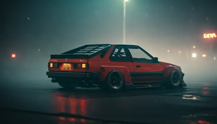 (intrincated details:1.2), (photorealistic), (masterpiece), (photography), cinematic lighting, cyberpunk city, fog, Toyota AE86	Coupe	1983-1987, ground vehicle, motor vehicle, no humans, scenery, solo, vehicle focus, night time, front quarter