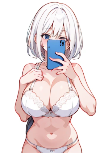 Anime girl takes selfie with smartphone, holding smartphone in front of covering face, sexy bra, pantie, navel, (((white background))), huge breasts, nude,
 thong,