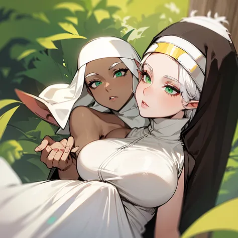 (((Elf Woman))),(((Brown Skin))),(((White Hair))),(((Green Eyes))),(((Lush Body))),(((Average Breasts fed up))),(((Wearing a nun costume)))