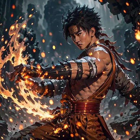 masterpiece level, ultra high definition, liu kang with fiery hands and electrifying eyes, wearing traditional fighting outfit, ...