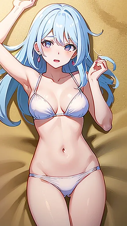 masterpiece, best quality, 1 solo girl, white hair, purple eyes, wavy hair, long hair, medium breasts, mature body and face, white bikini, jewelry, hair ornament, earrings, ball, lying at the sand, white sand, summer, cowboy shots, sexy pose, dakimakura, d...