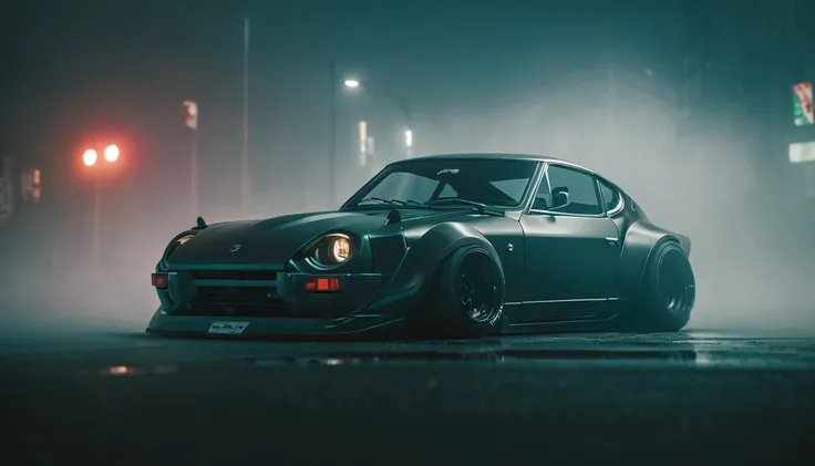 (intrincated details:1.2), (photorealistic), (masterpiece), (photography), cinematic lighting, cyberpunk city, fog, Nissan Fairlady Z	Sports car	1969, ground vehicle, motor vehicle, no humans, scenery, solo, vehicle focus, night time, front quarter