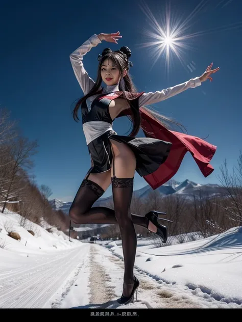 Splitting characters is prohibited，(Full body shot:1.5), Must show your face, anatomy correct, Dance on top of snowy mountains，The breath of nature，Polished pointed-toe heels must be worn,Stocking tights are mandatory， Colorful Tang Dynasty student uniform...