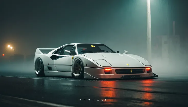 (intrincated details:1.2), (photorealistic), (masterpiece), (photography), cinematic lighting, cyberpunk city, fog, ferrari f40, ground vehicle, motor vehicle, no humans, scenery, solo, vehicle focus, night time, front quarter, liberty walk wide body, wide...