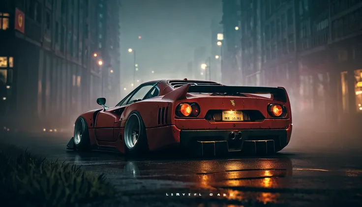 (intrincated details:1.2), (photorealistic), (masterpiece), (photography), cinematic lighting, cyberpunk city, fog, ferrari f40,...