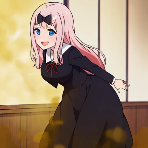 best quality, (masterpiece:1.2), detailed,
fujiwara chika (kaguya-sama),
1girl, solo, open mouth, smile,
pink hair, blue eyes, long hair,
school uniform, black dress, hair bow, black bow, red ribbon,
standing, hands together, looking at the viewer,
classro...