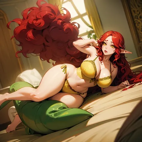 (((Alone))),(((Elf Woman Milf))),(((Light Skin))),(((Wavy red hair))),(((Yellow Eyes))),((Curvy Body)),(((Wearing pretty lingerie)))