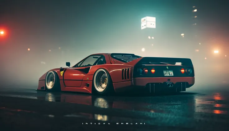 (intrincated details:1.2), (photorealistic), (masterpiece), (photography), cinematic lighting, cyberpunk city, fog, ferrari f40,...