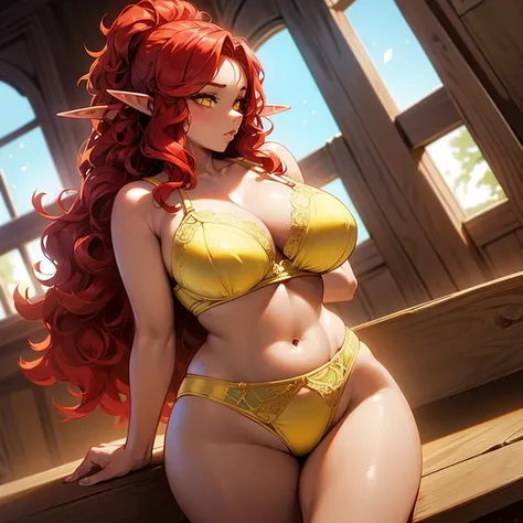 (((Alone))),(((Elf Woman Milf))),(((Light Skin))),(((Wavy red hair))),(((Yellow Eyes))),((Curvy Body)),(((Wearing pretty lingerie)))