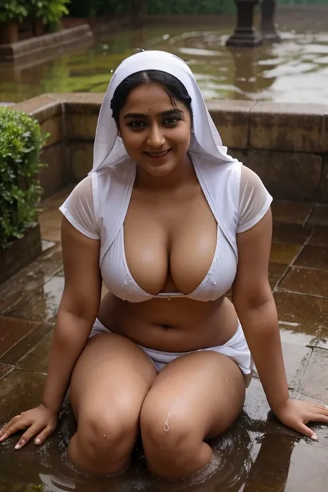 Anushka Shetty, curvy, British, 20s, catholic nun, smile, bath in rain, top view