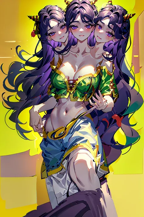 (masterpiece, best quality), best resolution, (ultra-detailed), (3heads:1.5), 1girl, (Nippaku Zanmu:1.3), masterpiece, best quality, green top, crop top, ((stomach)), midriff, ((groin)), blue skirt, normal ears, shackles, purple-black hair, very long hair,...