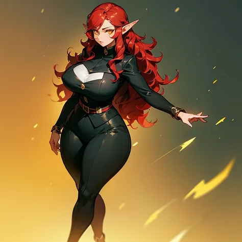 (((Alone))),(((Elf Woman Milf))),(((Light Skin))),(((Wavy red hair))),(((Yellow Eyes))),((Curvy Body)),(((Wearing a black suit)))