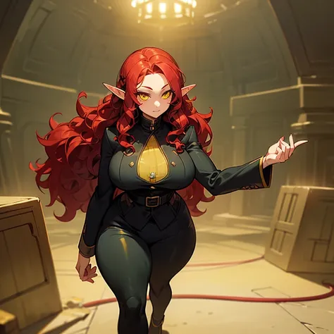 (((Alone))),(((Elf Woman Milf))),(((Light Skin))),(((Wavy red hair))),(((Yellow Eyes))),((Curvy Body)),(((Wearing a black suit)))