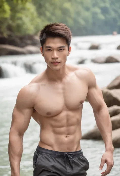 a photo-realistic image of a (((muscular and toned))) Thai male in shorts, (((irresistibly sexy, good looking, and beautiful handsome face))), with ((pale skin color with fine skin complexion)), (((bare chest))), ((no top)), ((beautiful and shiny long blac...