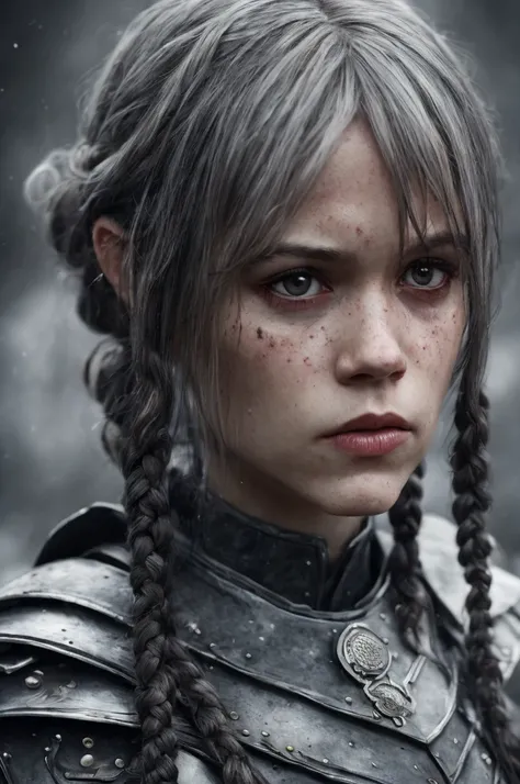 portrait photo of jenort braided hair , analog style, intricate upper body portrait of ( woman:1), nordic warrior, (silver hair:1.2), blood splatters, barbarian armor, furs, (looking_to_camera:1.1), battle stance, angry, snowy analog style, hyper realistic...