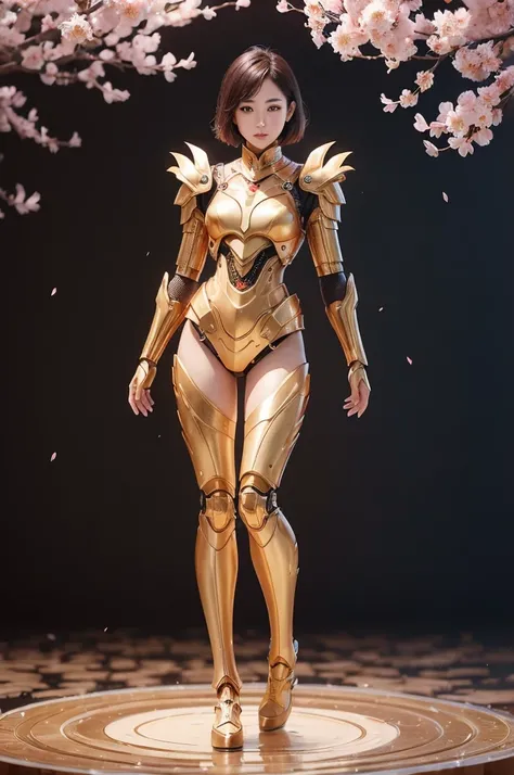 (((full body photo)))
beautiful japanese young woman, wearing cyborg armor made of honey, thick symmetrical features, very short hair, background is cherry blossoms, pink aura, red lips, octane render,