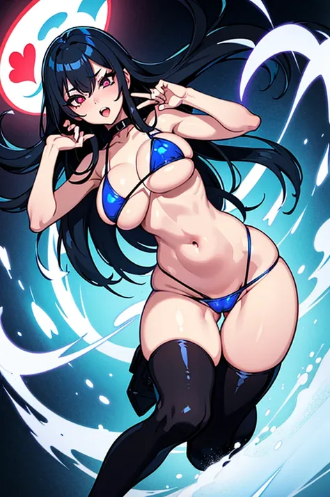 a girl with a lascivious body with red camersi eyes with a symbol in her pupils in the shape of a heart long black hair with blue fire streaks with big breasts and sexy hips wearing a blue micro bikini in a suggestible pose with a full body ahegao face