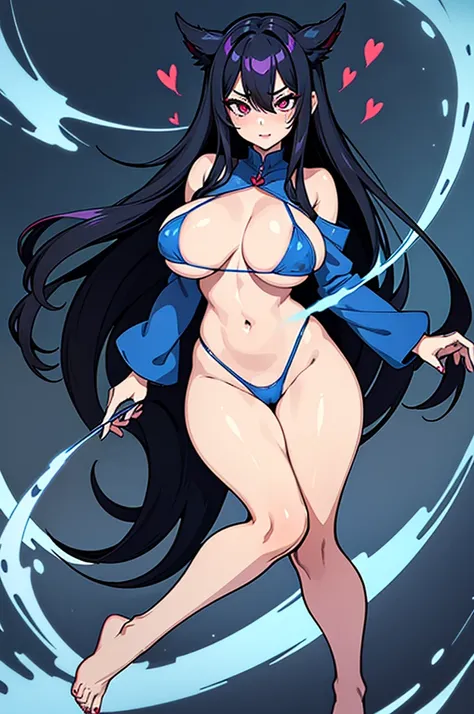 a girl with a lascivious body with red camersi eyes with a symbol in her pupils in the shape of a heart long black hair with blue fire streaks with big breasts and sexy hips wearing a blue micro bikini in a suggestible pose with a full body ahegao face