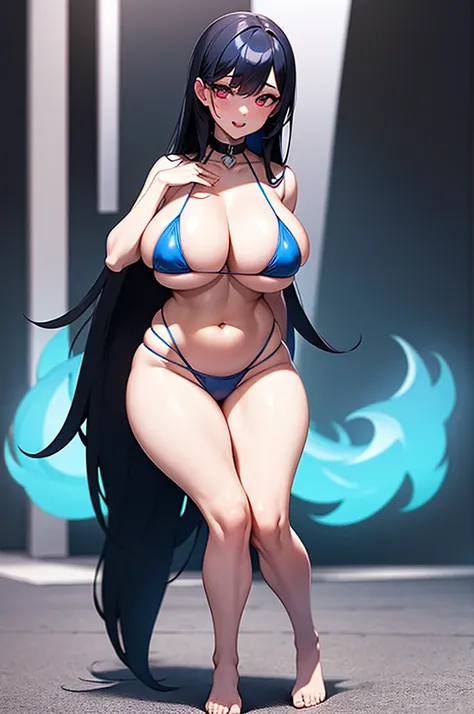  a girl with a lascivious body with red camersi eyes with a symbol in her pupils in the shape of a heart long black hair with blue fire streaks with big breasts and sexy hips wearing a blue micro bikini in a suggestible pose with a full body ahegao face