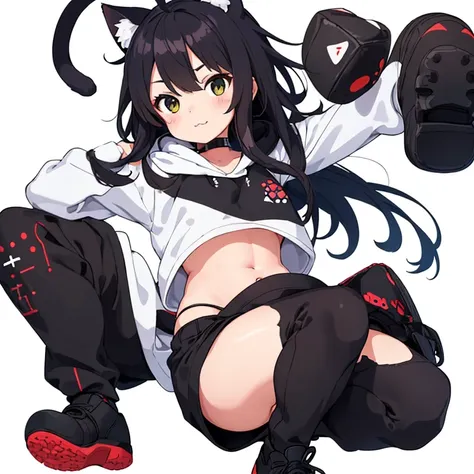 1girl, solo, (white background:1.4), simple background, full body, :3, okayudefault, black hoodie, (onigiri print), [navel], white pants, cat tail, ahoge 