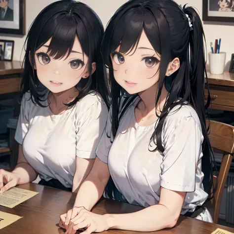 they are sitting at the table, sakimichan, couple pose, Ulzzang, male Ulzzang, cute couple, Same hairstyle, couple, 8K((highest quality, 8K, masterpiece: 1.1)), (figure), (High resolution), (8K), (very detailed), (best figure), (highest quality), (Super de...