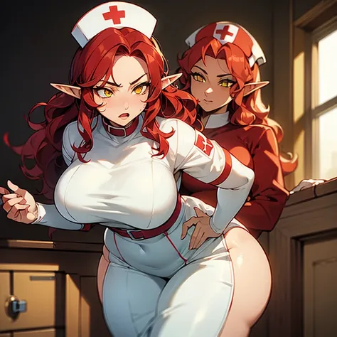 (((Alone))),(((Elf Woman Milf))),(((Light Skin))),(((Wavy red hair))),(((Yellow Eyes))),((Curvy Body)),(((Wearing a nurse costume)))