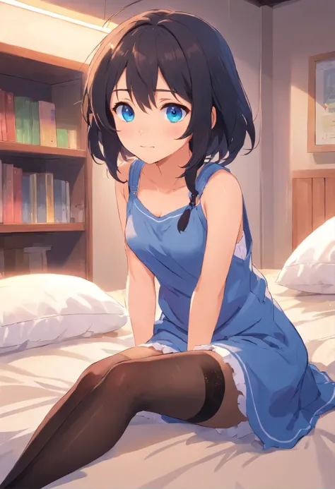 Black messy hair，blue eyes，sling，(stockings)，A cute loli，barefoot，belly down，look up your head，，shift dress，white underwear，big eyes，cute faces in anime，read a book，