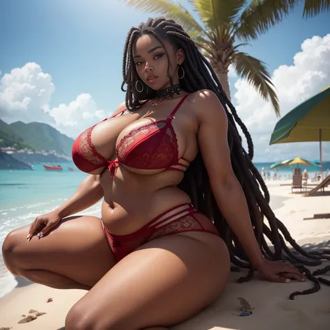 dark skin_femelle, red lingerie, poitrine, gros seins, voluptueux, thick thighs, hanches larges, gros cul, cul massif, dreadlocks, high resolution, regarder la visionneuse, poser sexuellement, plage, seductive look, 