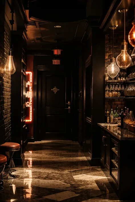 By creating a store image of a themed cocktail bar with a hell concept, the store atmosphere is created with dark lighting and colorful light effects., The hell-themed cocktail bar offers a solitary and challenging experience. It has a colorful cocktail me...